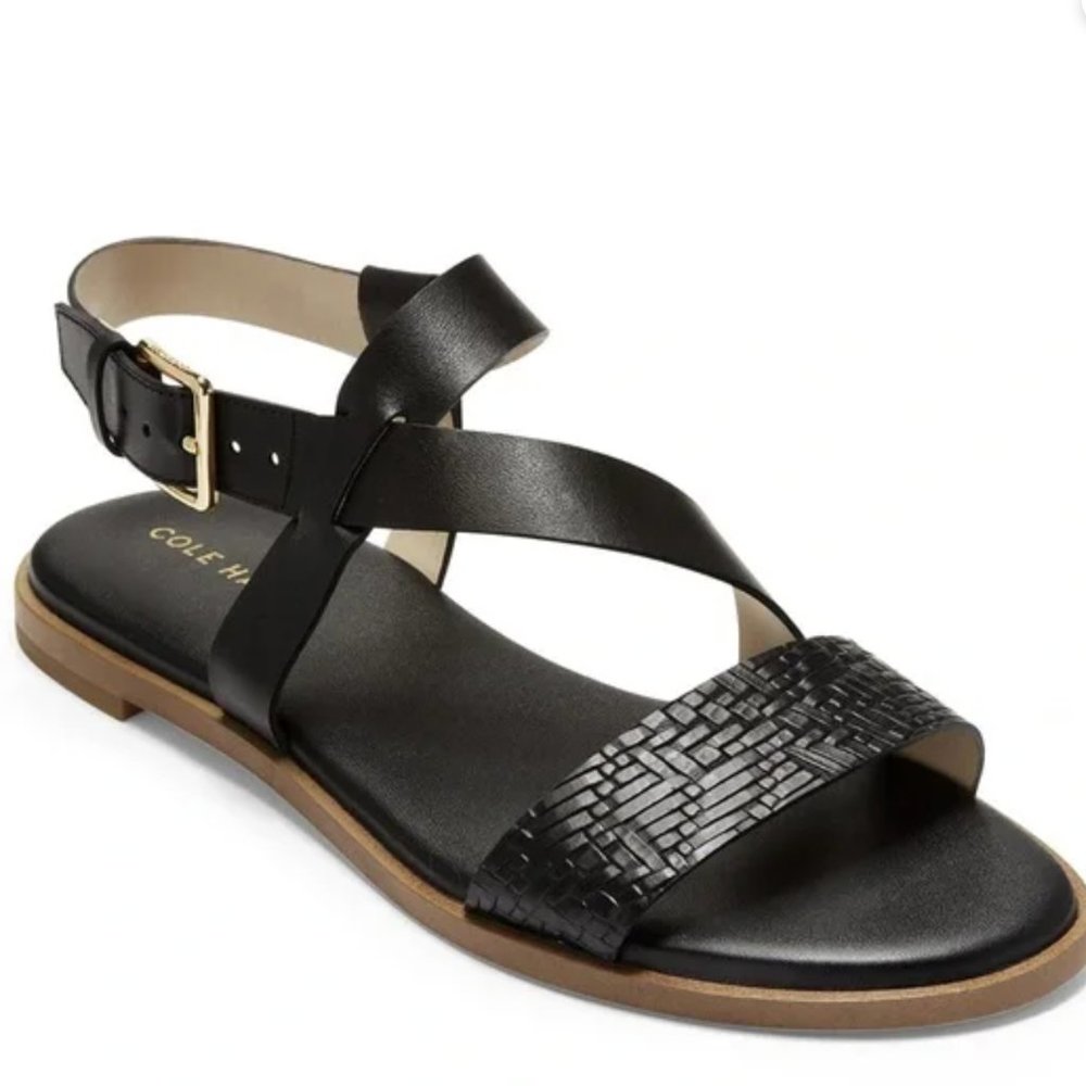 Cole Haan Findra Strappy Sandal Black Flat Leather